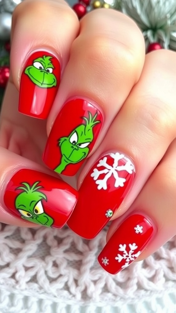 Close-up of red Christmas nails with Grinch designs and snowflakes.